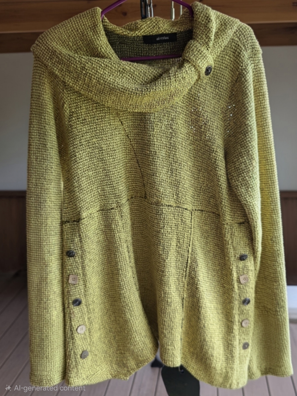Ali Miles Chartreuse Button-Accent Cowl Neck Sweater